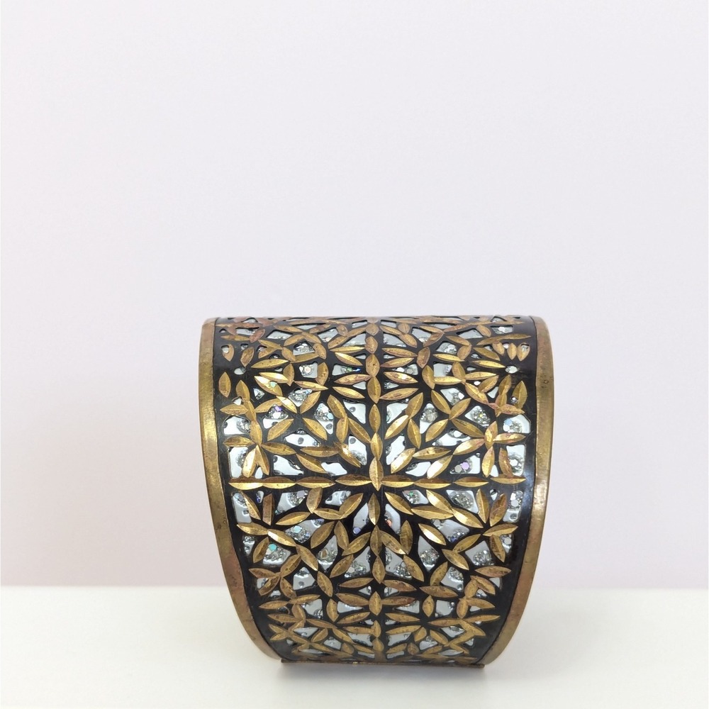 Brass Inlay Cuff Bracelet Metallic Silver Tone Etched Cutout Detail Boho India - Picture 9 of 13